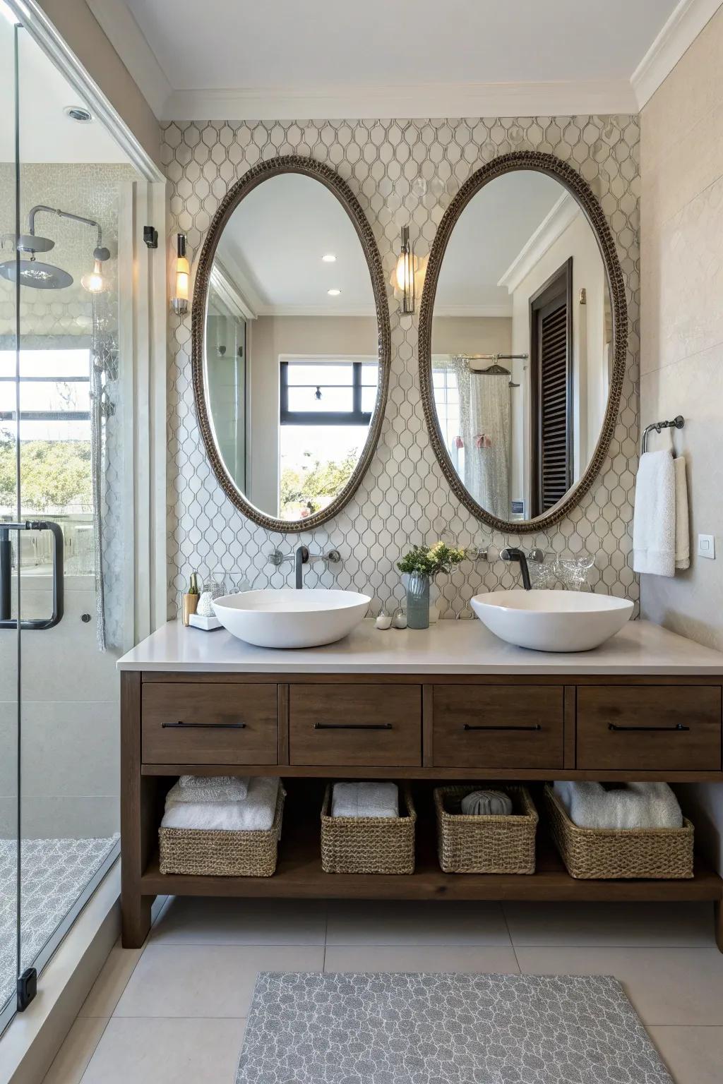 Unique mirror shapes add character to the vanity area.