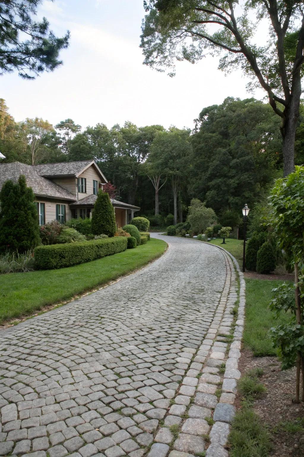 Cobblestones add texture and charm to this driveway entrance.