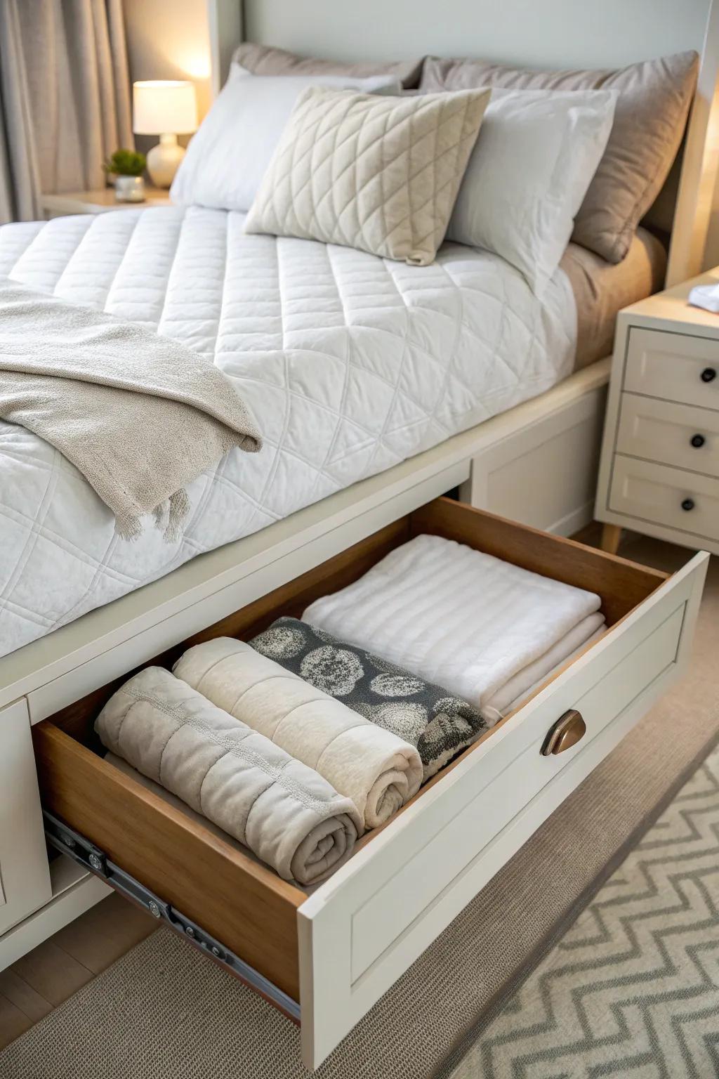 A bed drawer providing easy access to stored duvets.