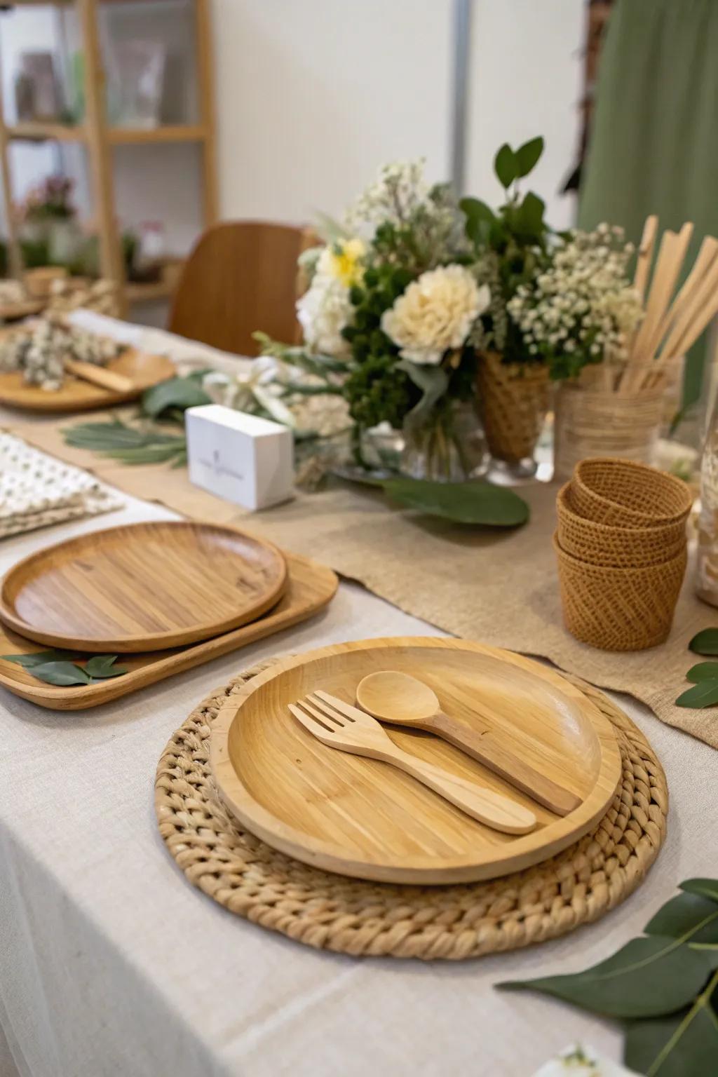 Sustainable tableware aligns with the innate theme.