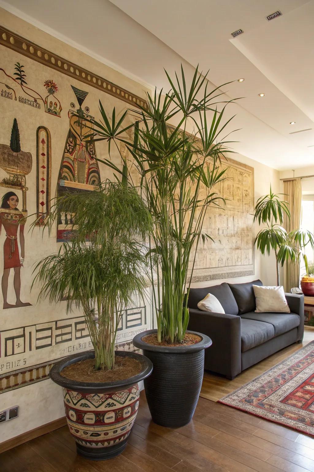 Exotic plants like papyrus bring a natural touch to Egyptian decor.