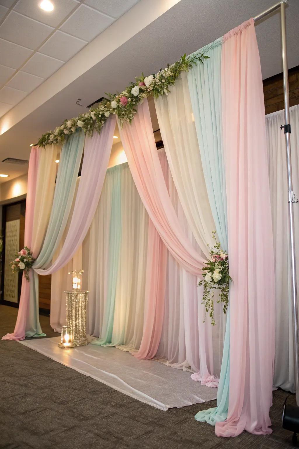 Flowing drapes create a soft, elegant look.