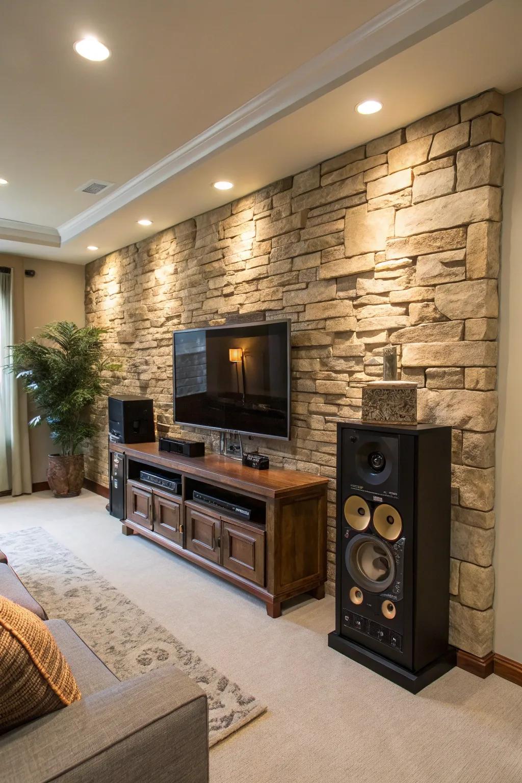 An entertainment center set against a dramatic feature wall.