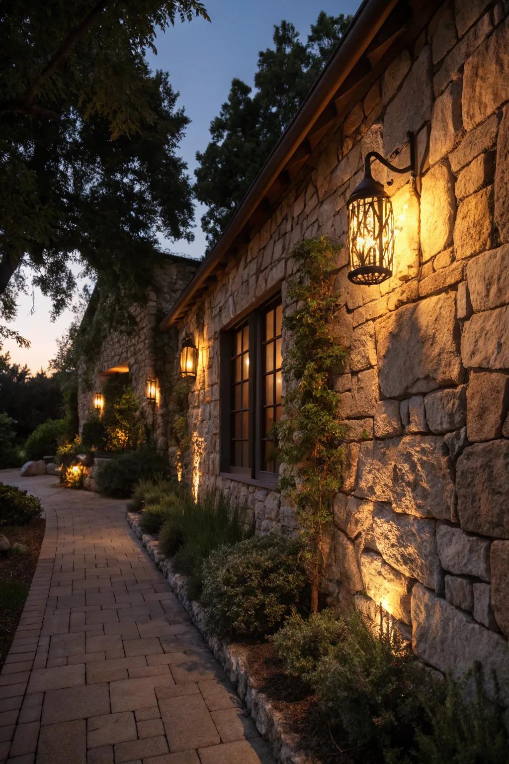 Lighting enhances the beauty and ambiance of stone walls at night.