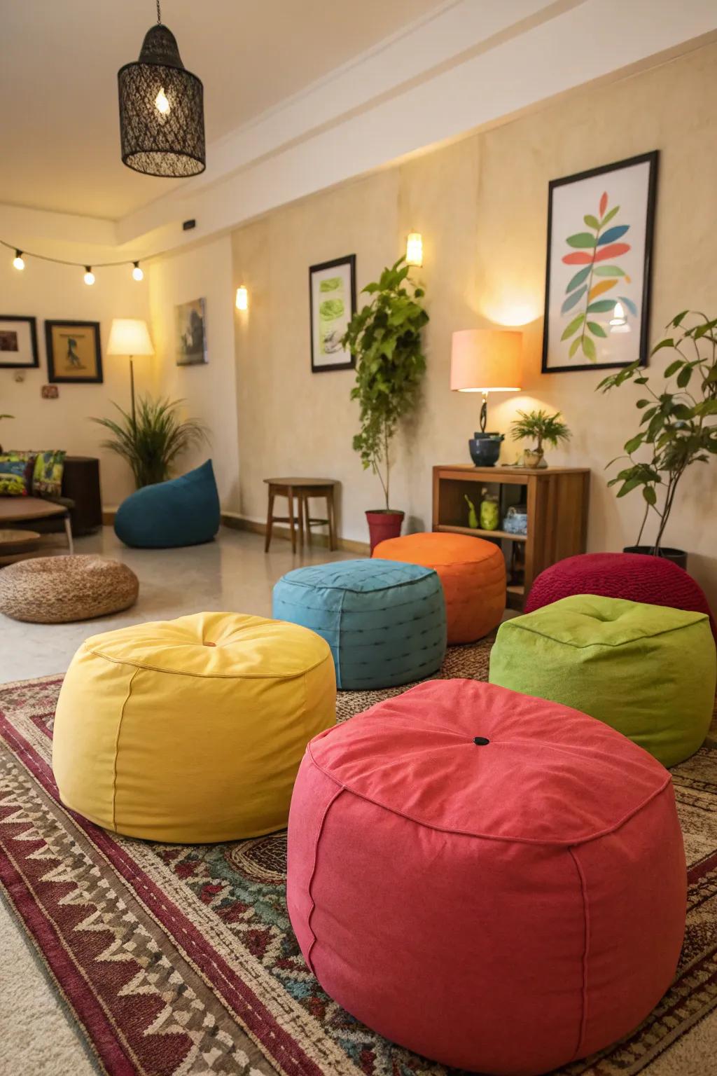 Poufs offer playful and functional seating.