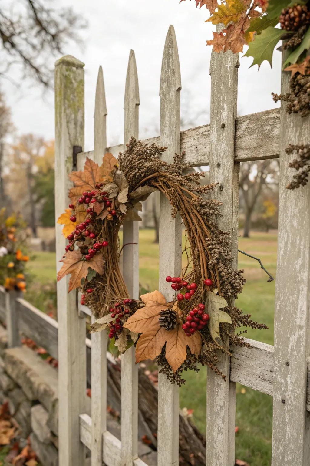 An autumnal wreath of dried leaves and berries decorates the fence.