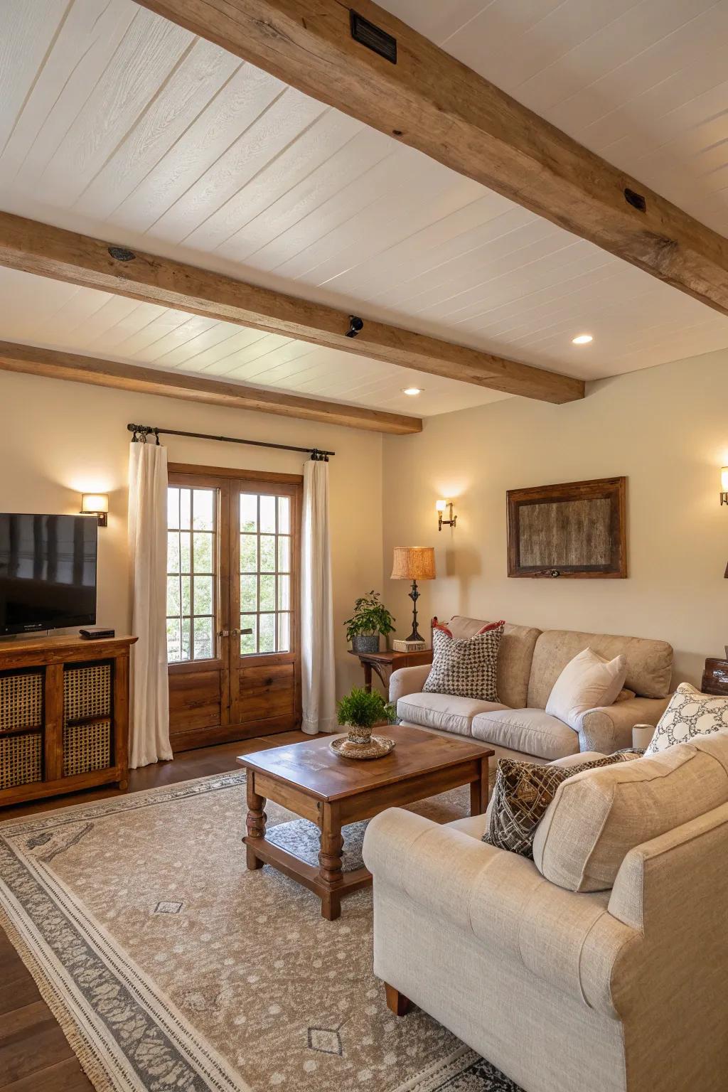 Neutral color palettes create a serene atmosphere in this farmhouse living room.