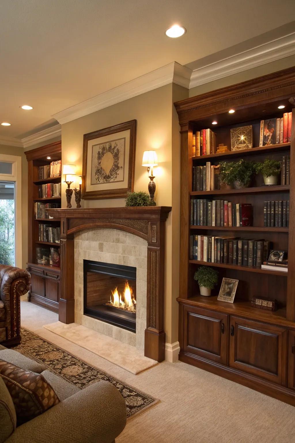 A faux fireplace cleverly combined with built-in bookshelves.