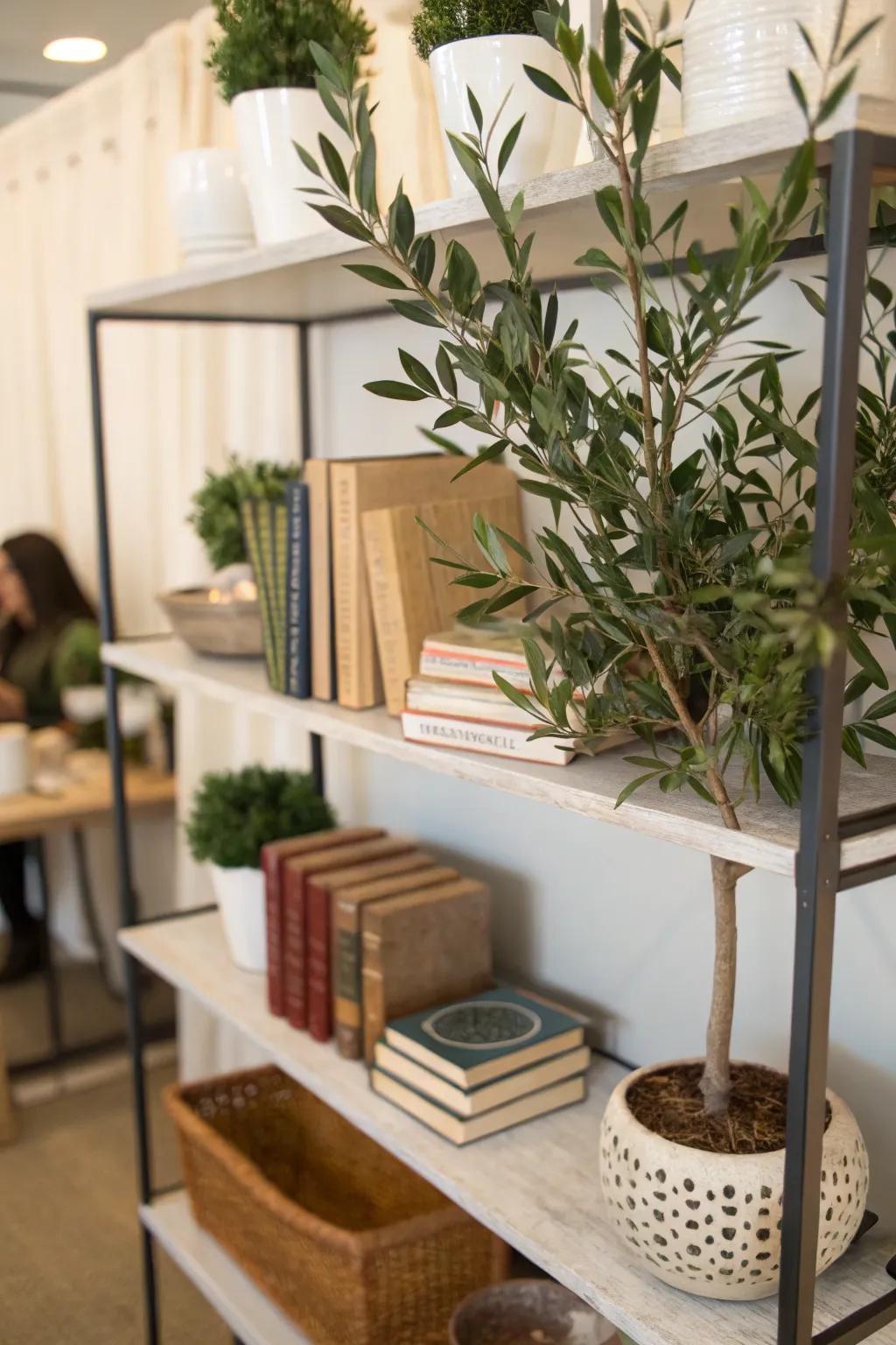 Use faux olive branches to accent your shelves.