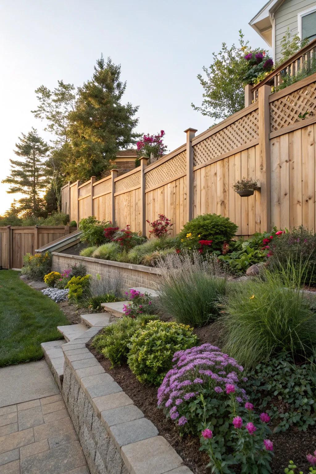 Tiered planting adds depth and interest to your fence line.