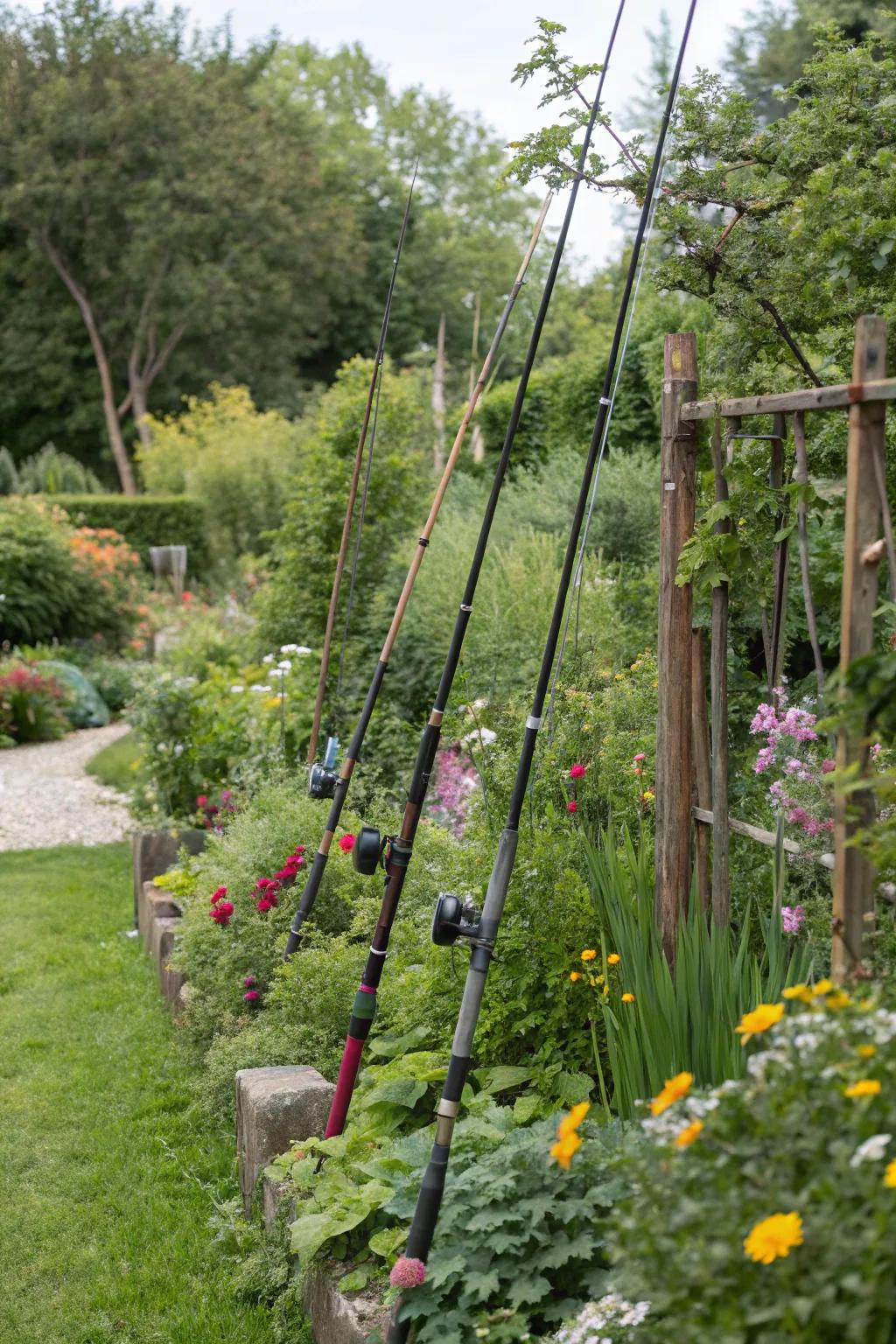 Fishing rods add character and support in garden settings.