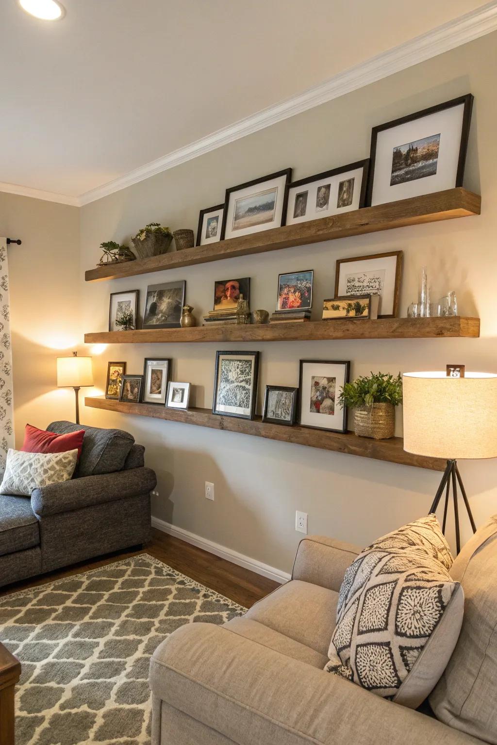 A gallery wall with floating shelves adds depth and character.