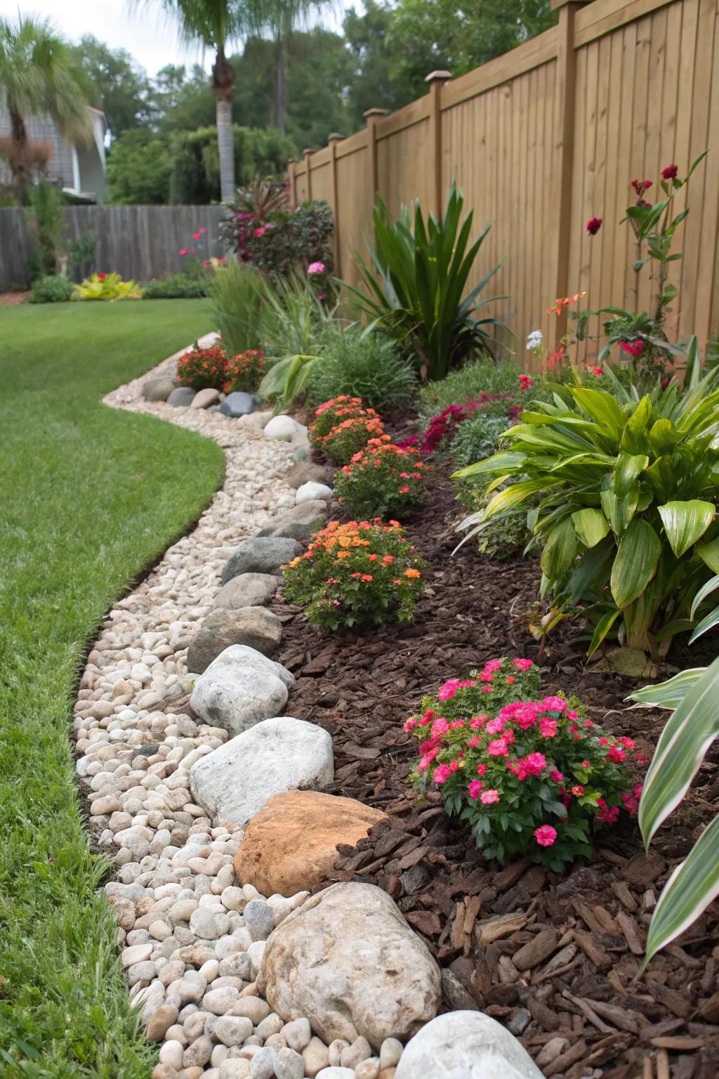 Mulch and stones elevate texture and aid in preserving essential moisture.