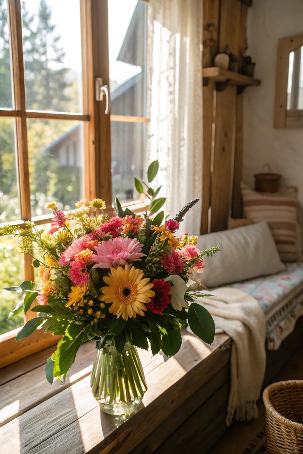 A sunny window enhances the charm of vibrant blooms.