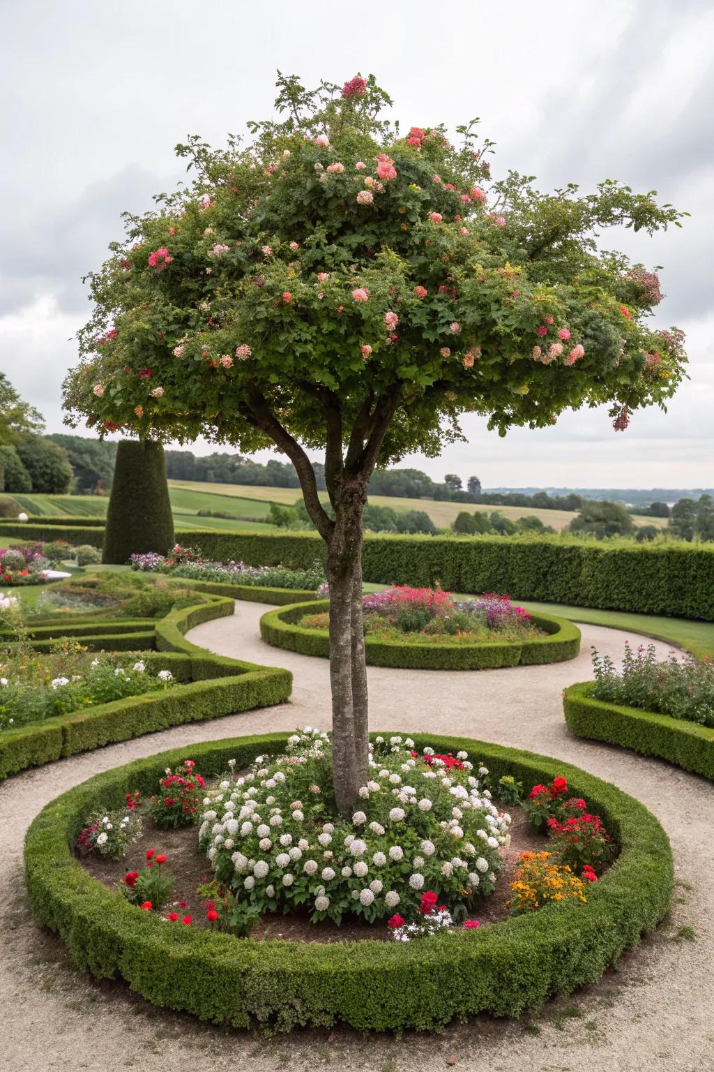 A circular flower bed enhances the natural beauty of this tree.