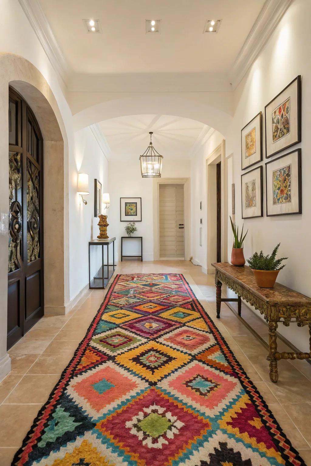 A colorful rug adds personality and warmth to the foyer.