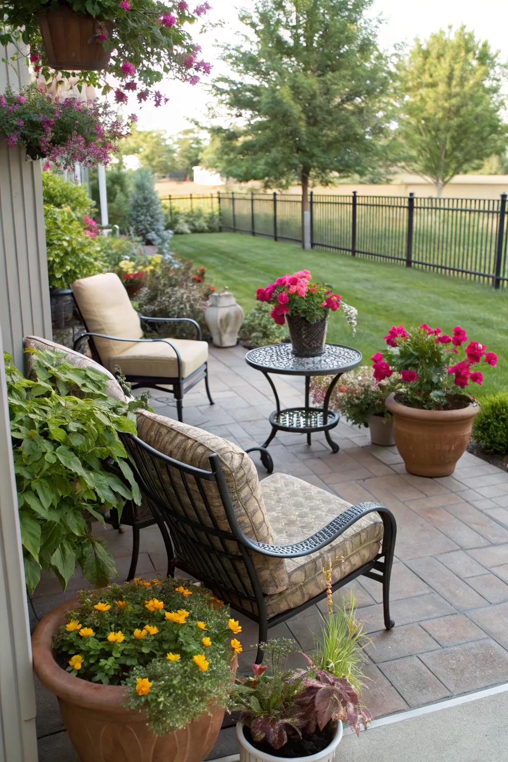 Potted plants infuse the patio with natural beauty and serenity.