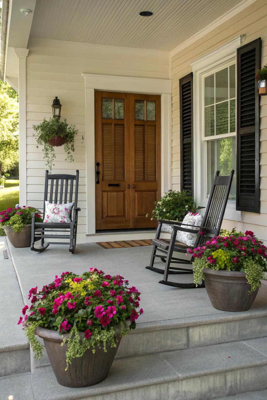 A front porch with a symmetrical arrangement of chairs and planters.