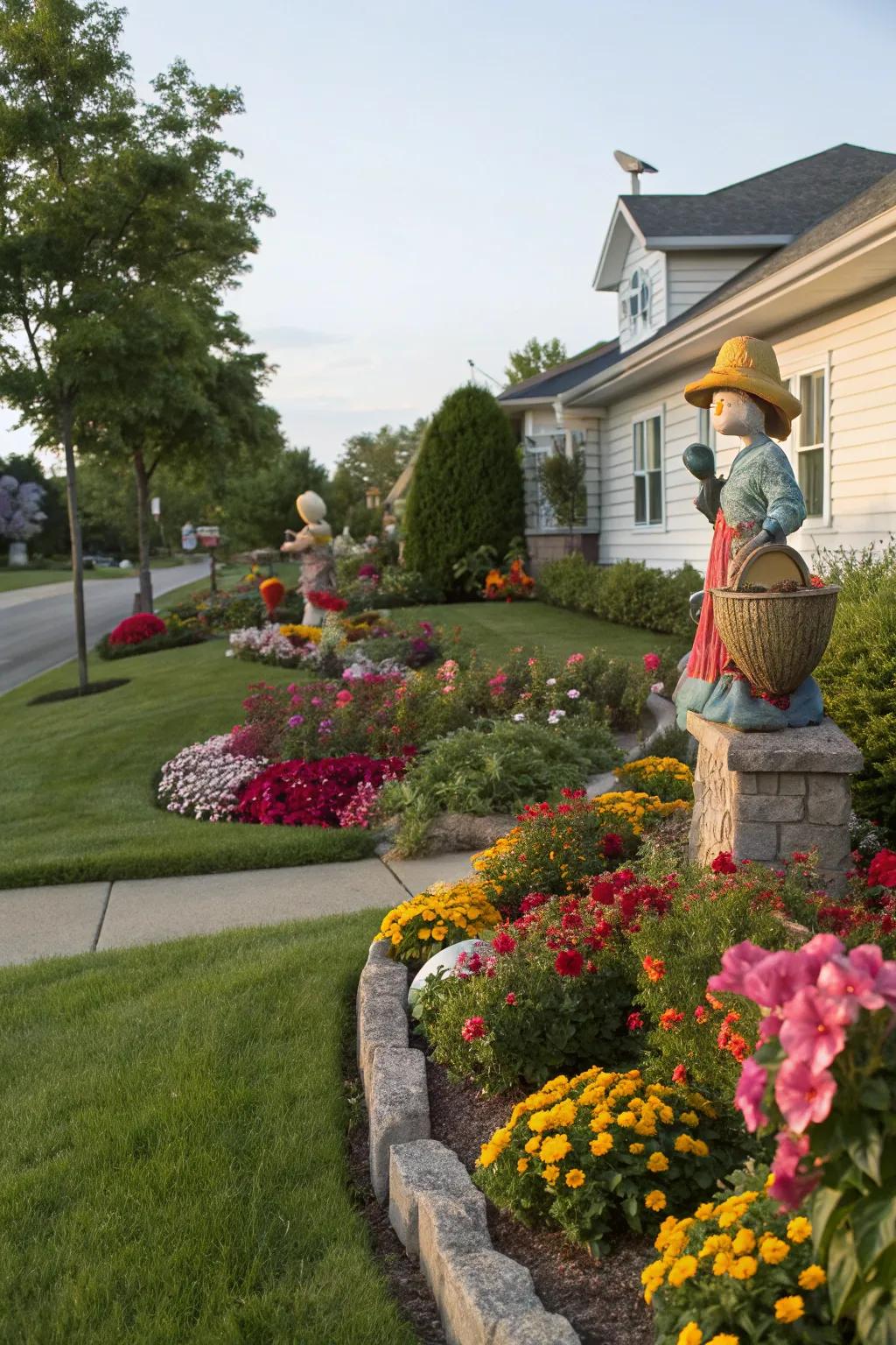 Accent decor adds charm and focal interest to the flower beds.