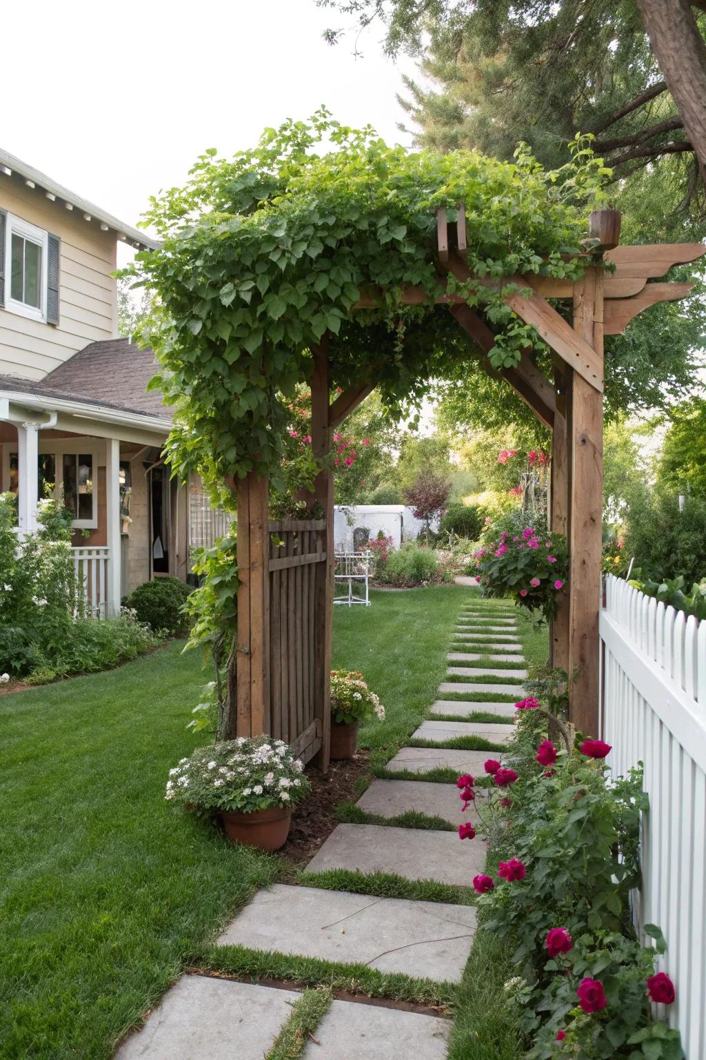 A charming arbor invites guests into this picturesque garden.