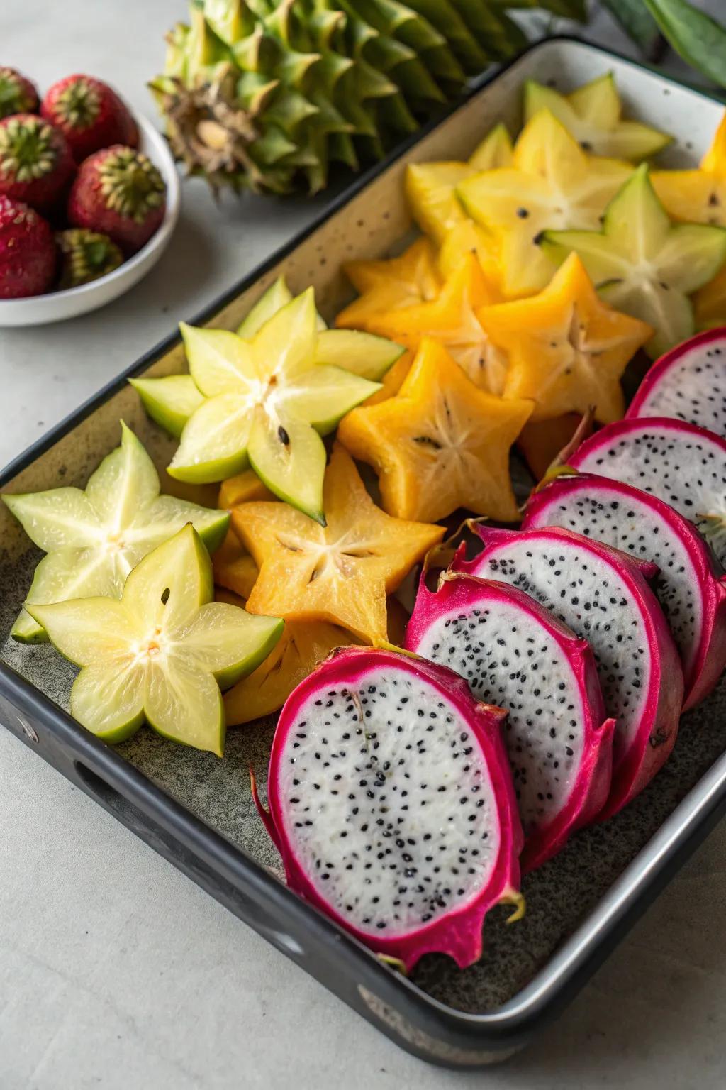 An exotic and elegant arrangement of unique fruits.