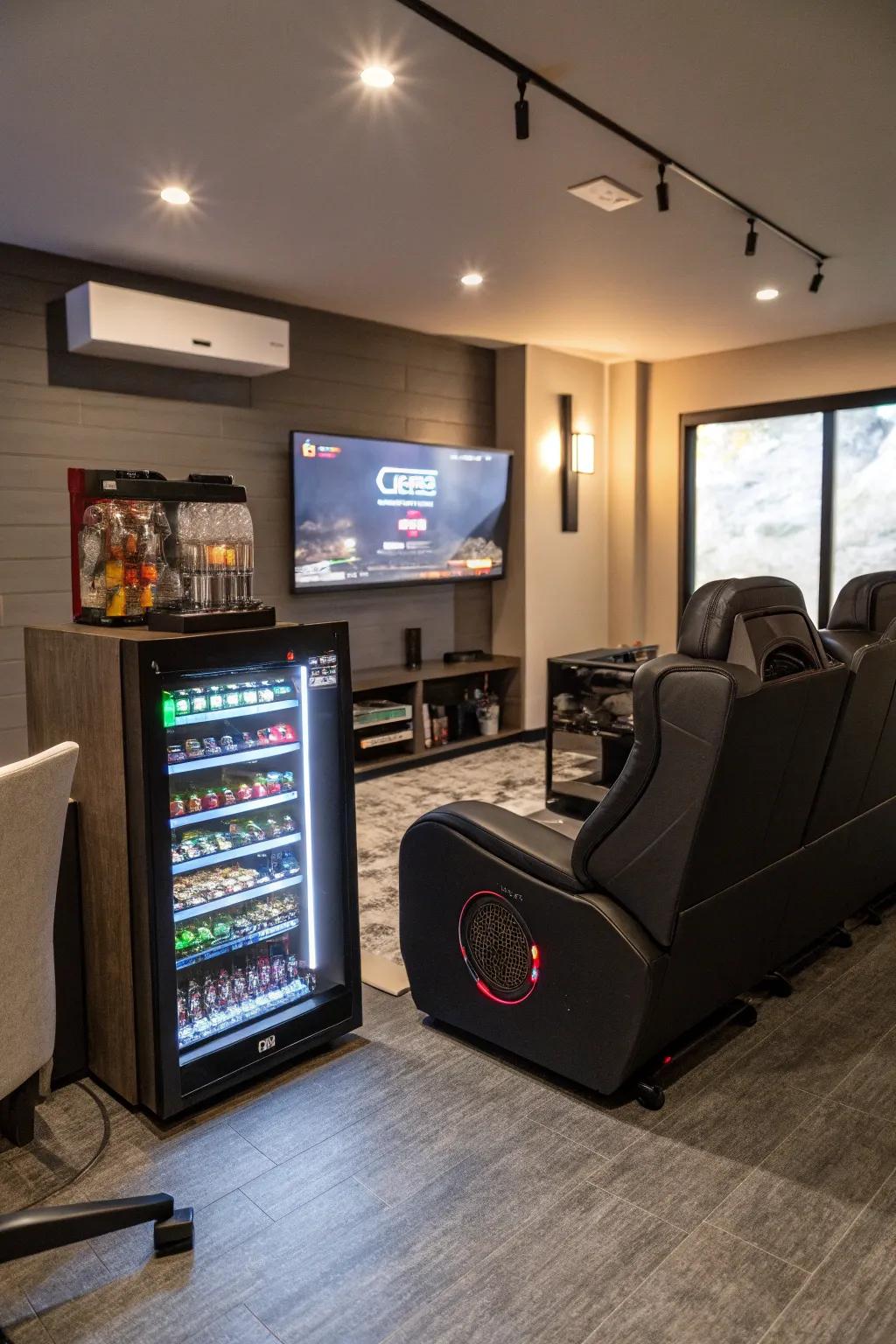 A mini chiller adds convenience to the ultimate gaming lounge setup.