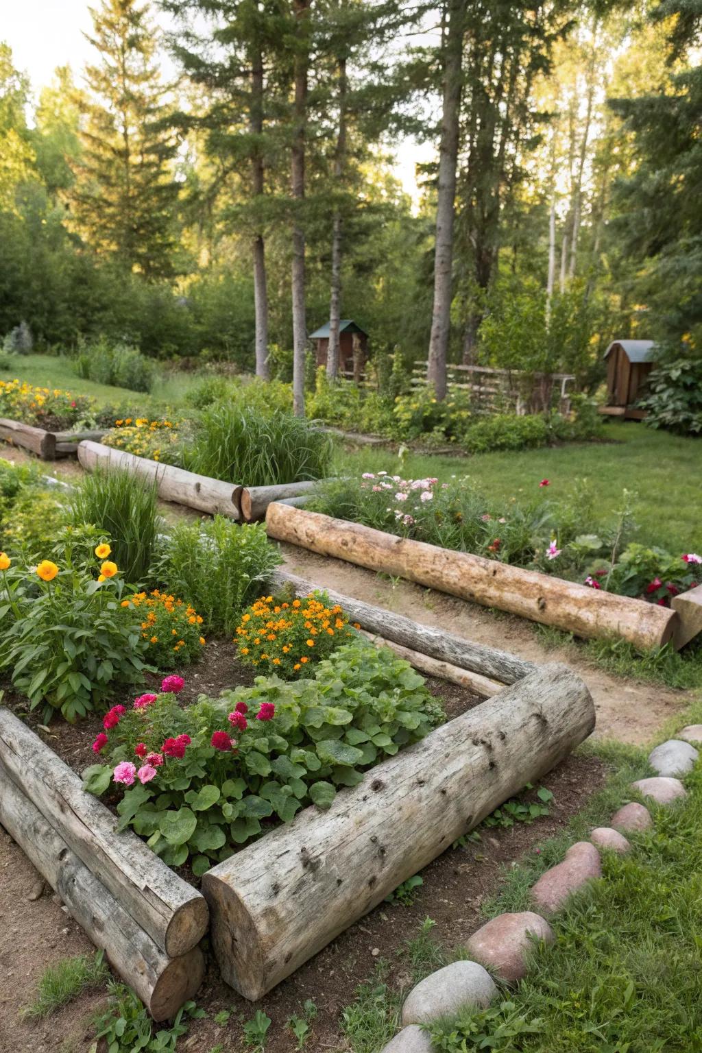 Logs create rustic borders that blend beautifully with nature.