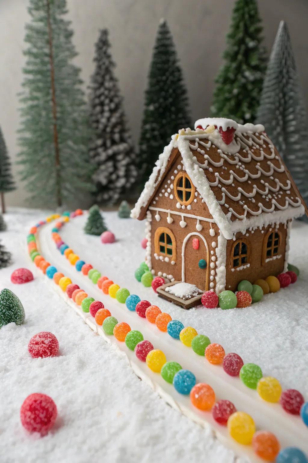An inviting gummy sphere route directs toward the gingerbread cottage.