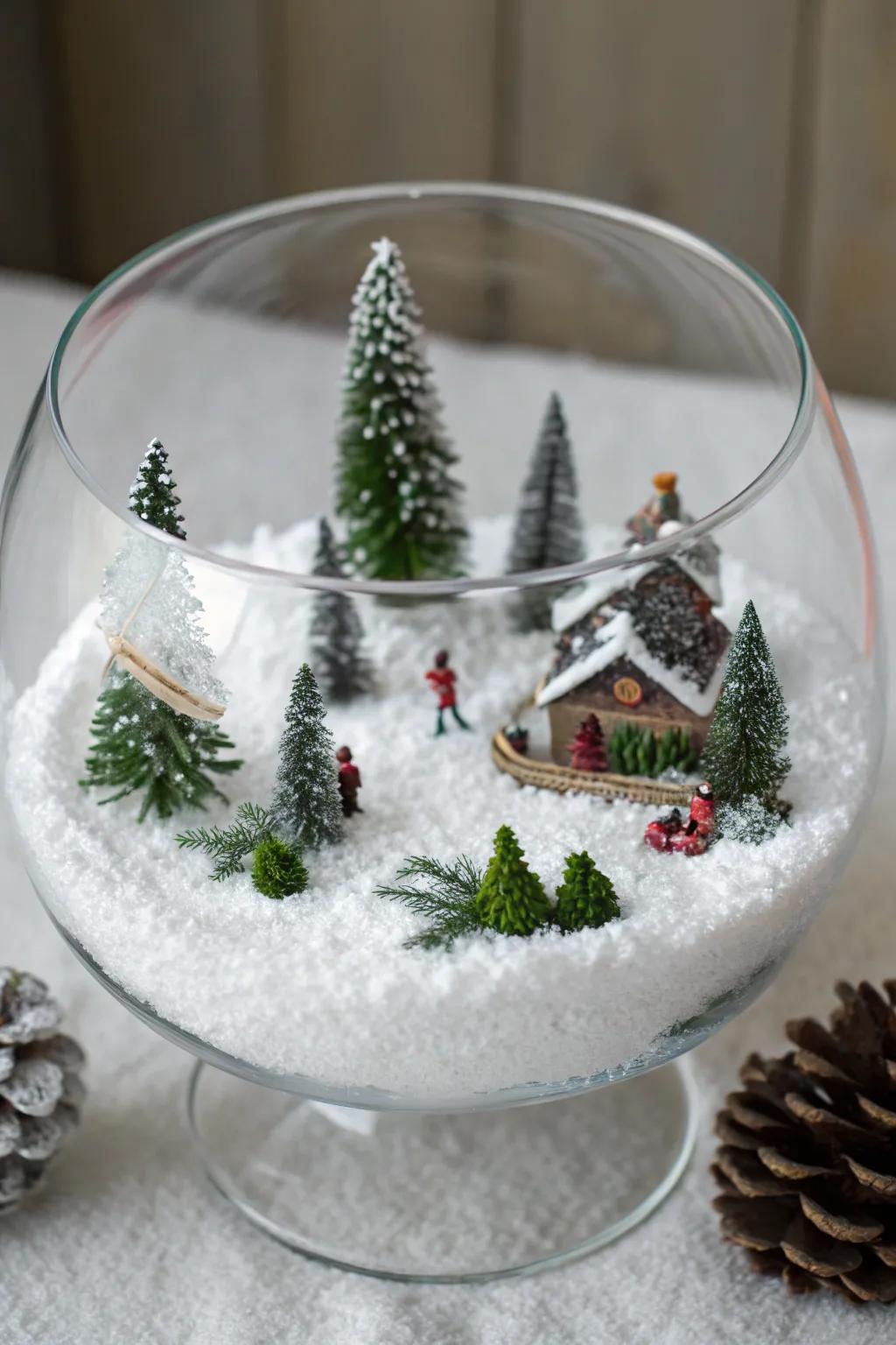 An icy dreamland vignette is nestled inside a clear bowl.