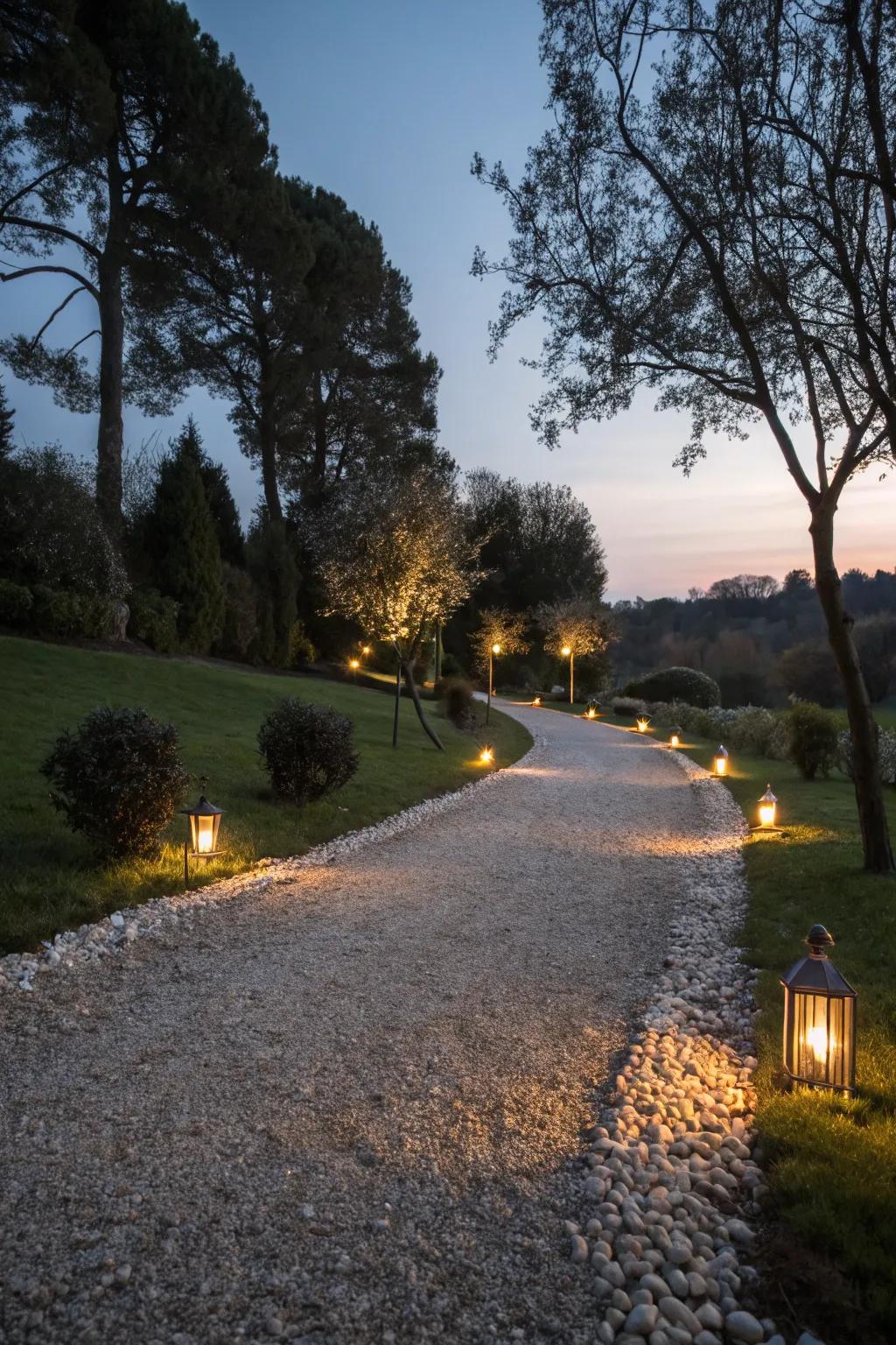 Pathway lighting creates a magical atmosphere at night.