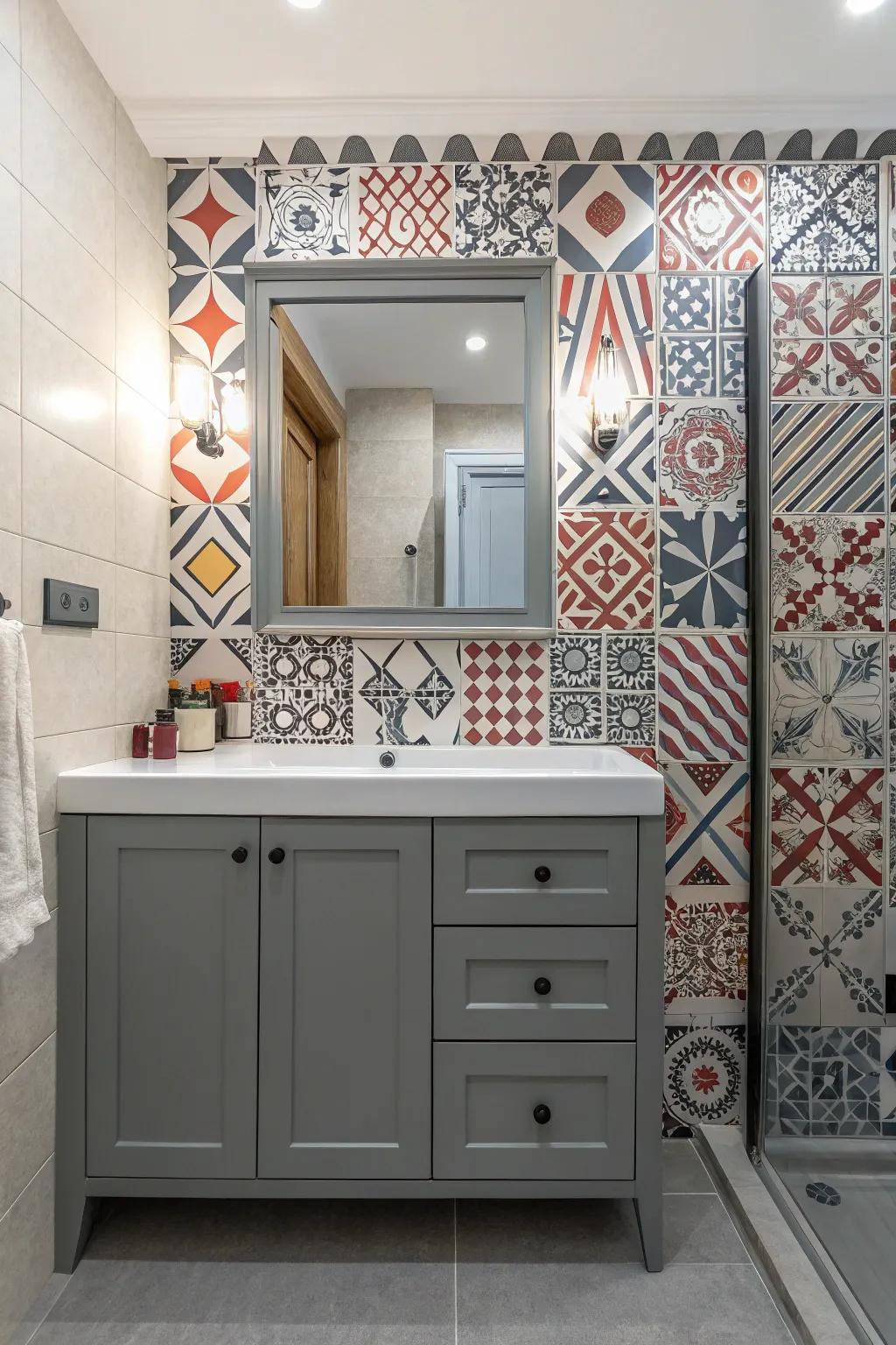 A playful bathroom design with patterns surrounding a gray vanity.