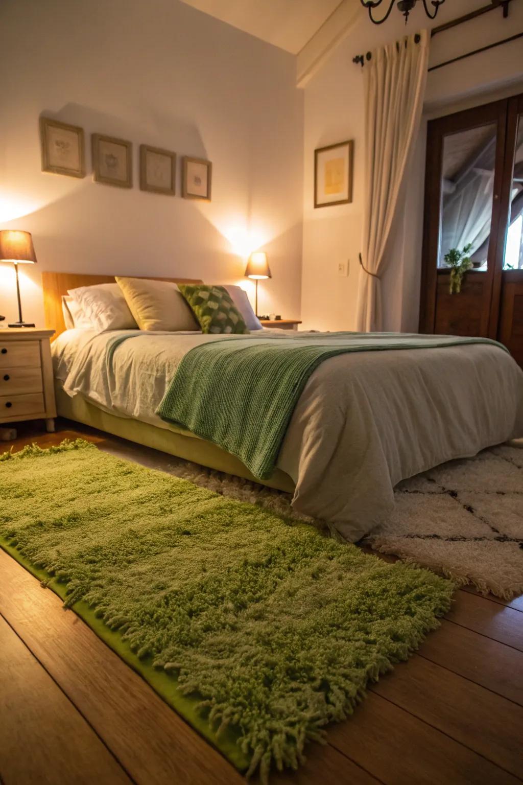 A green area rug adds warmth and cohesion to this cozy bedroom.