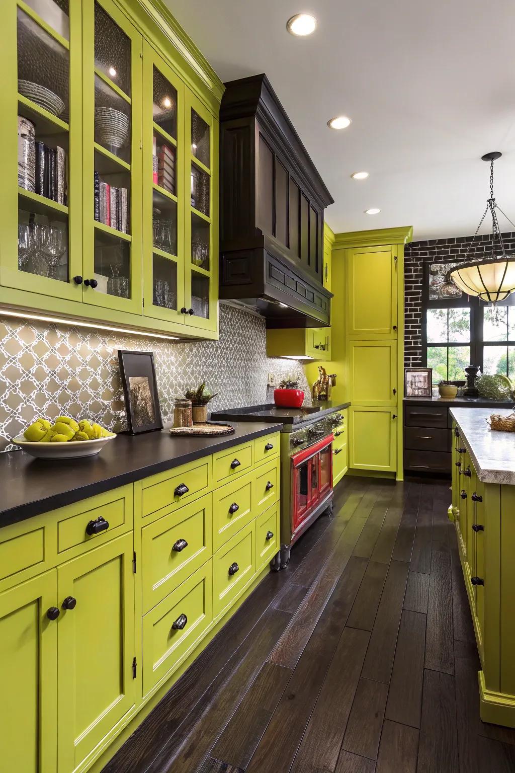 Daring kitchen with chartreuse cabinets and contrasting dark wood.