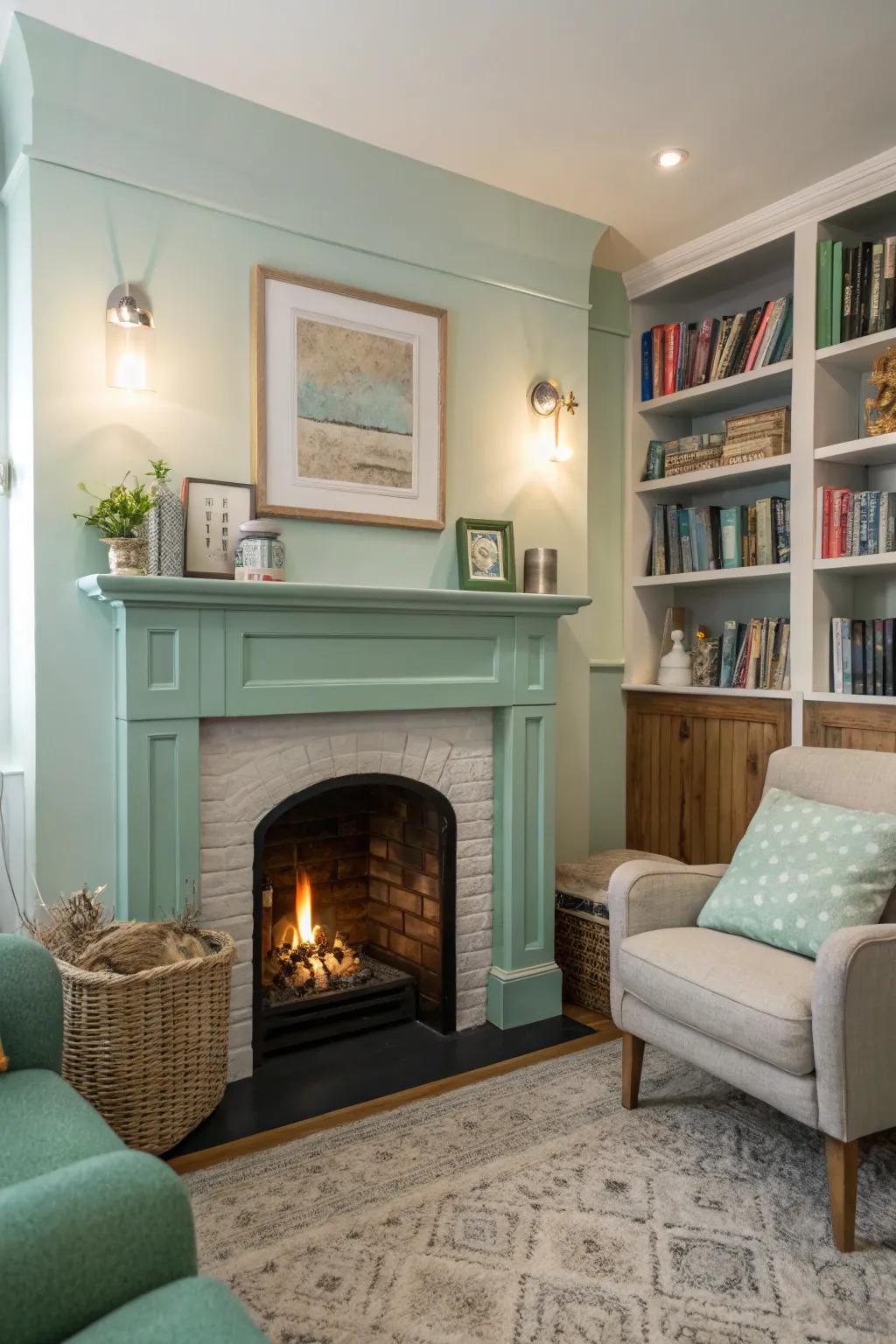 A light and airy small room with a mint green fireplace.