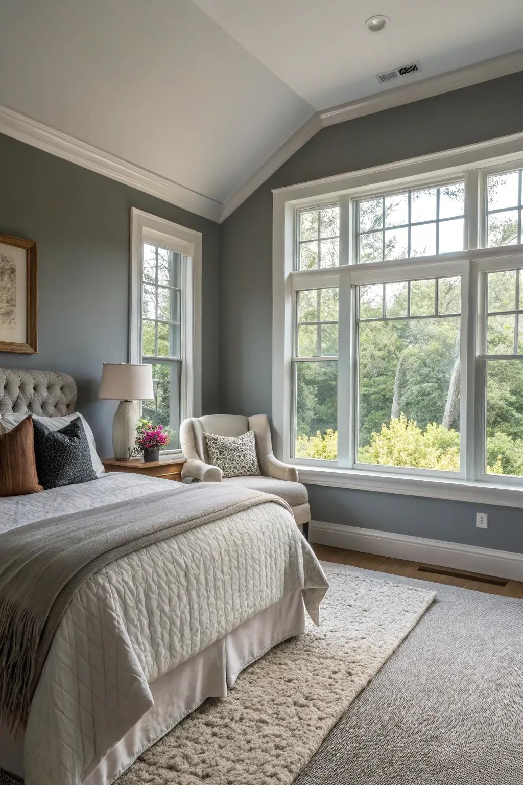 Natural light beautifully enhances this grey accent wall.