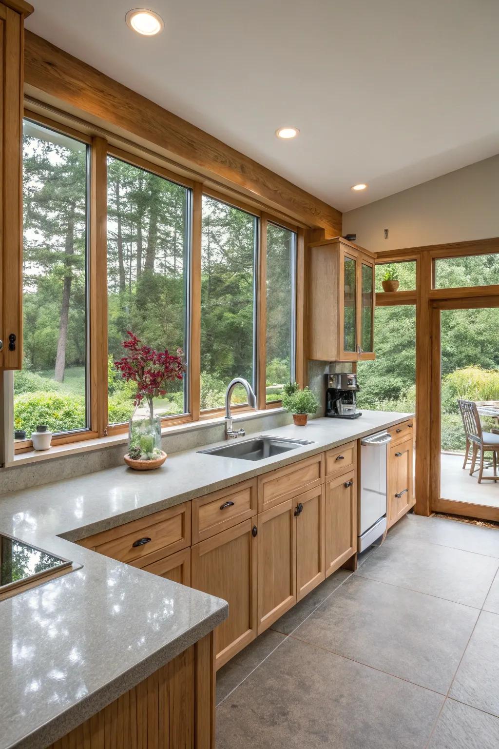 A bright kitchen with light grey countertops.