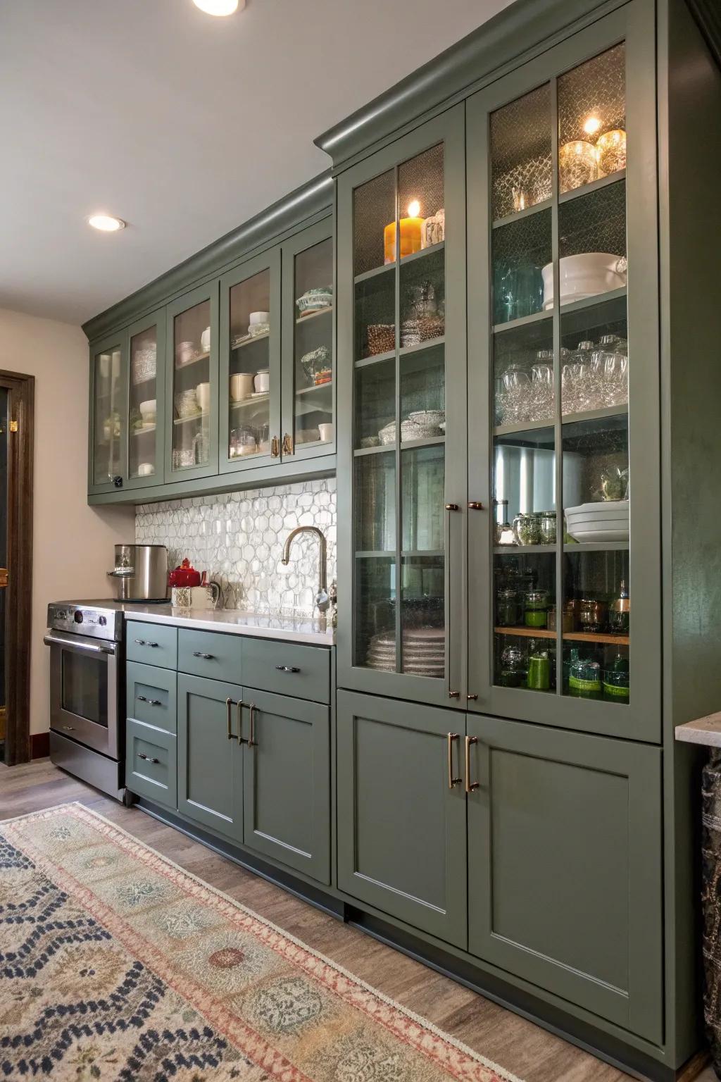 Mixed materials bring an eclectic elegance to grey-green cabinets.