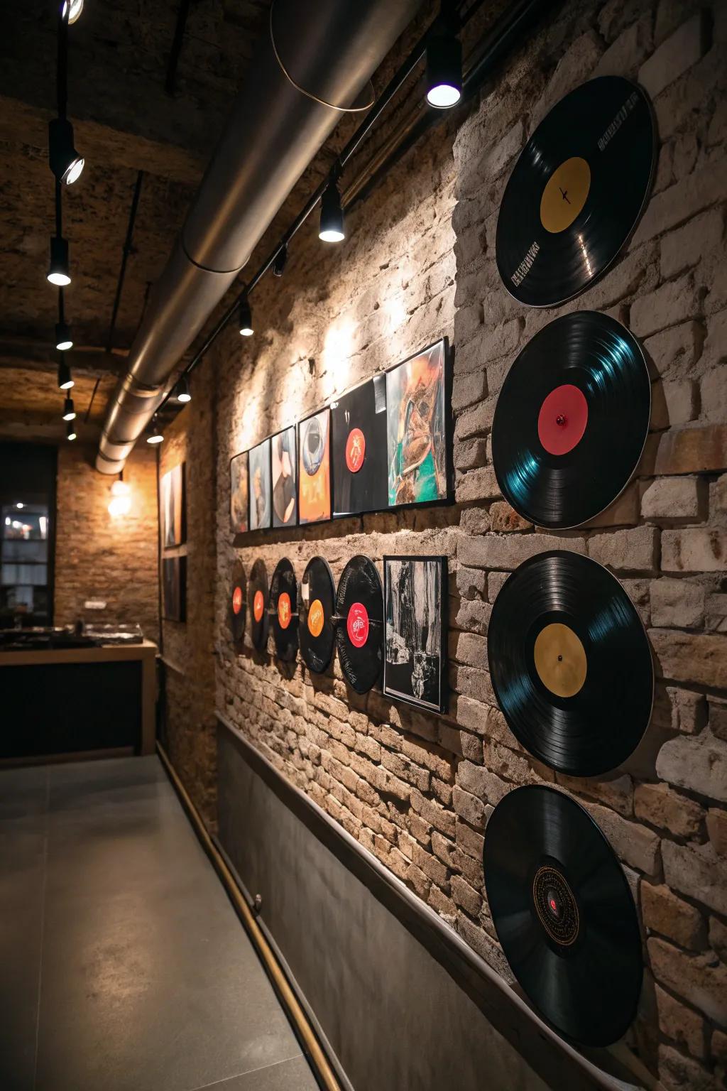 Vinyl records add a retro and artistic vibe to the decor.