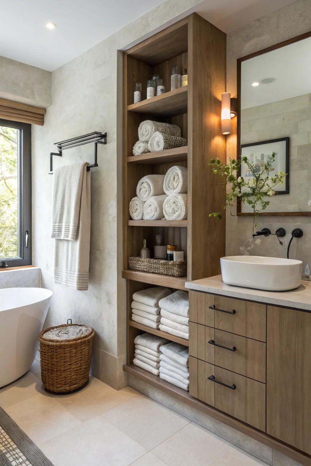 In this bathroom, open shelves combine storage and display.