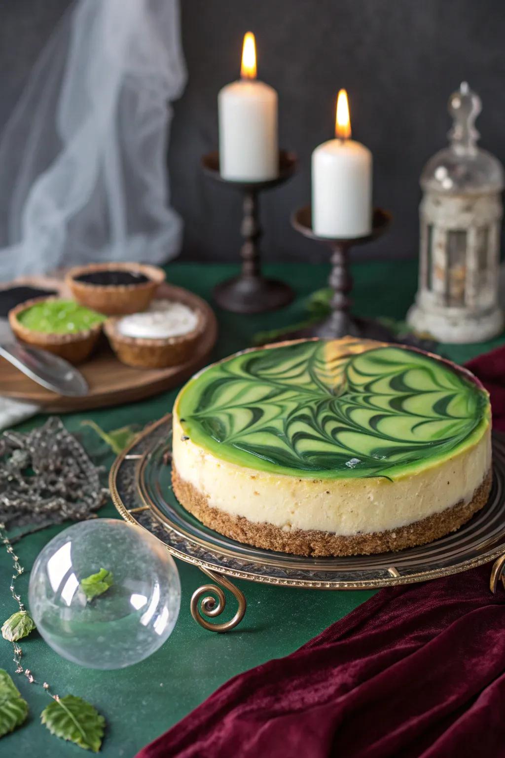 A witch’s brew glaze gives this cheesecake a magical touch.