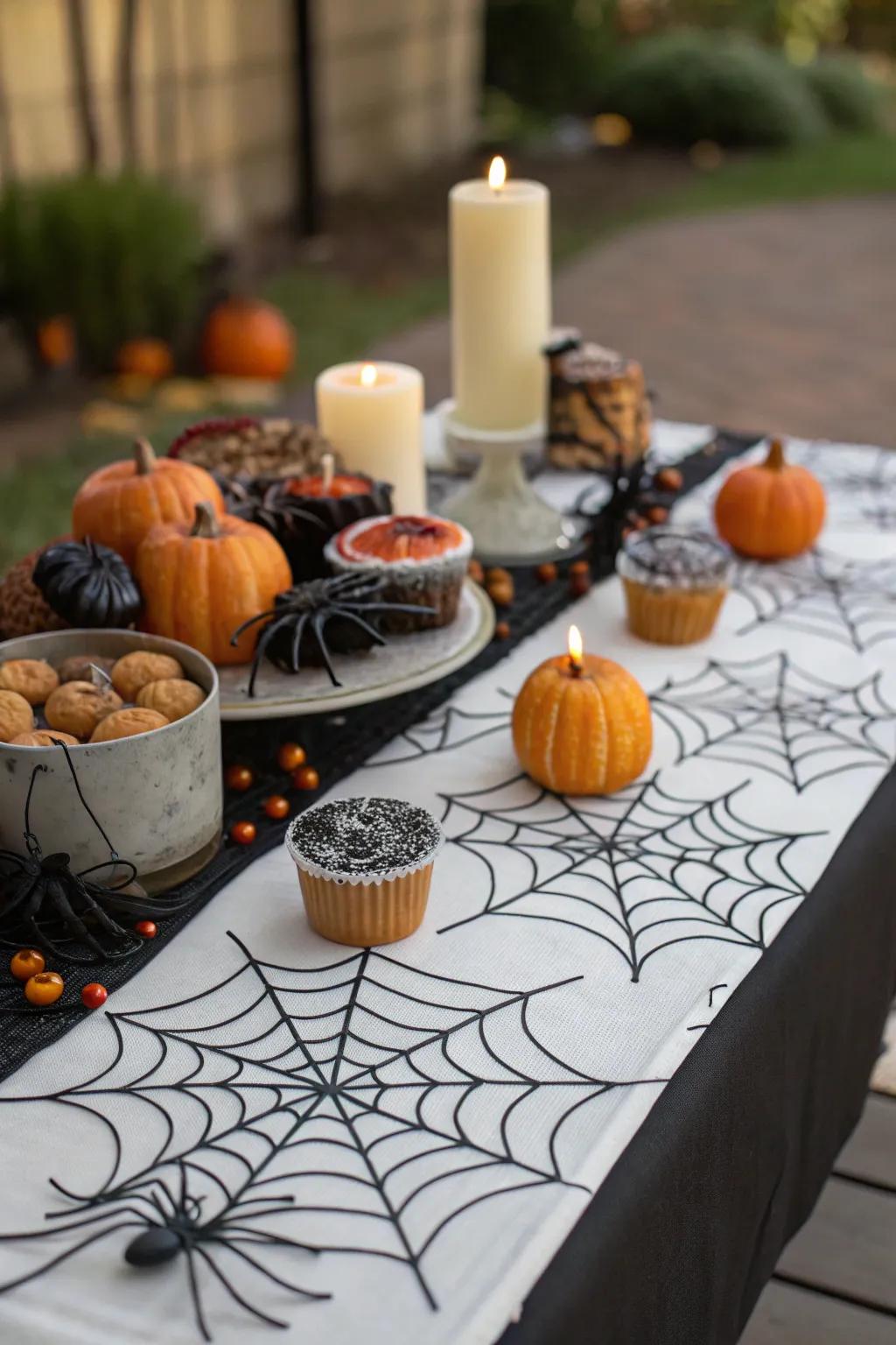 A spider web runner weaves in a touch of Halloween magic.