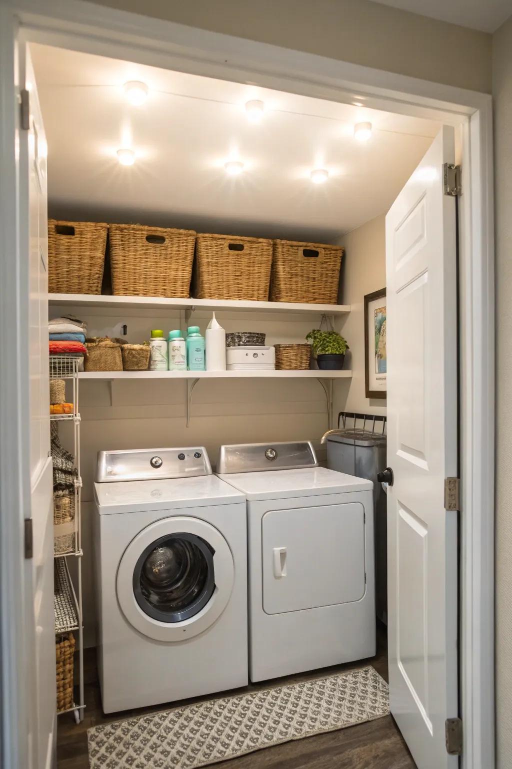 Bright lighting makes the laundry area welcoming.