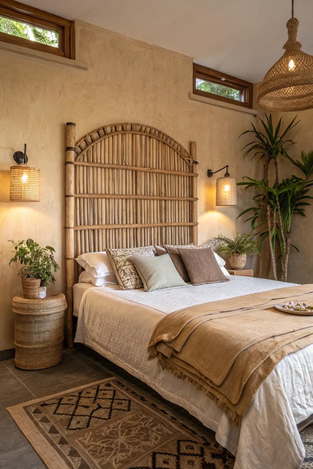 Bring the outdoors in with natural material headboards.