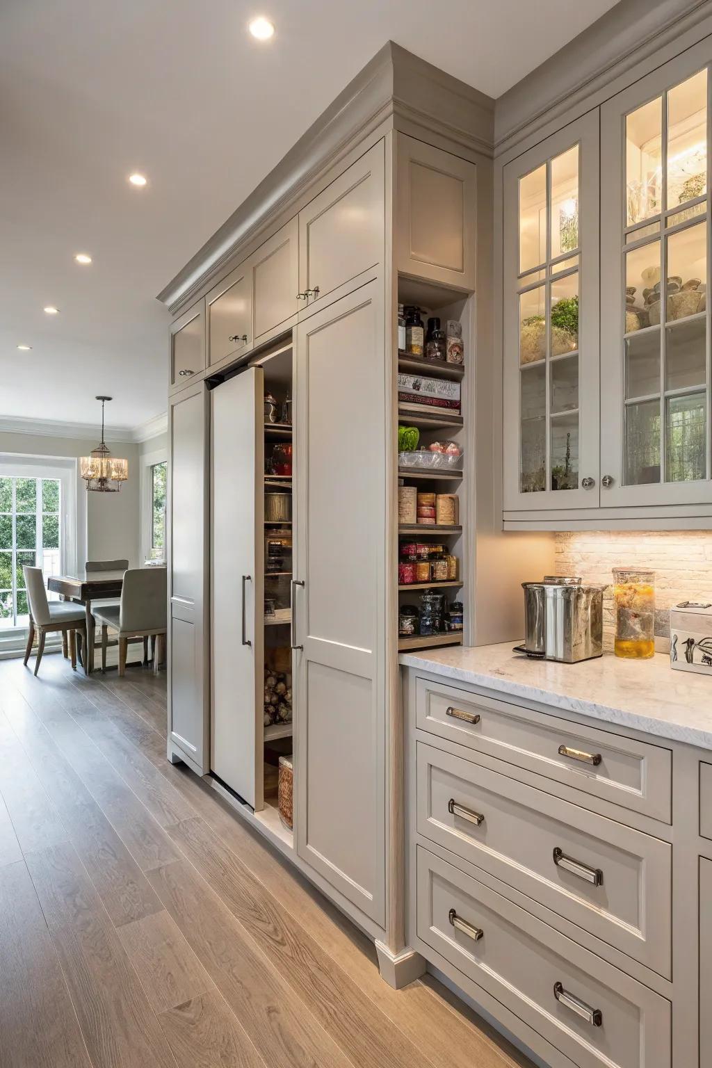 Custom cabinetry concealing a pantry, blending seamlessly with the kitchen.