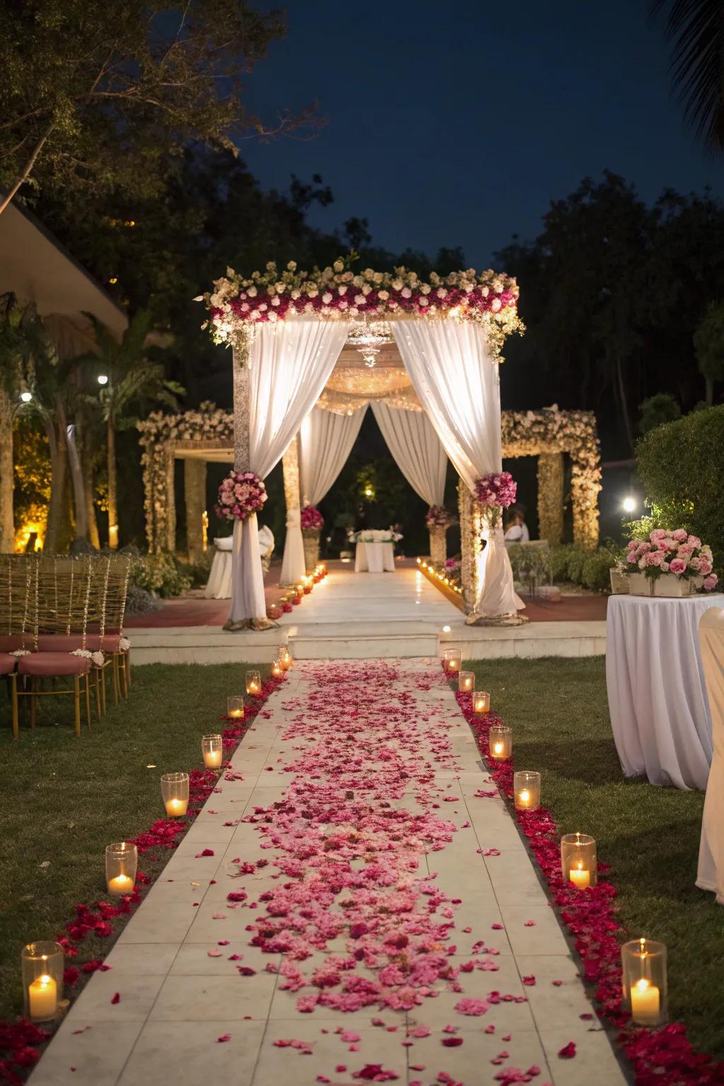 Inviting walkways leading to the mandap with petals and sheers.