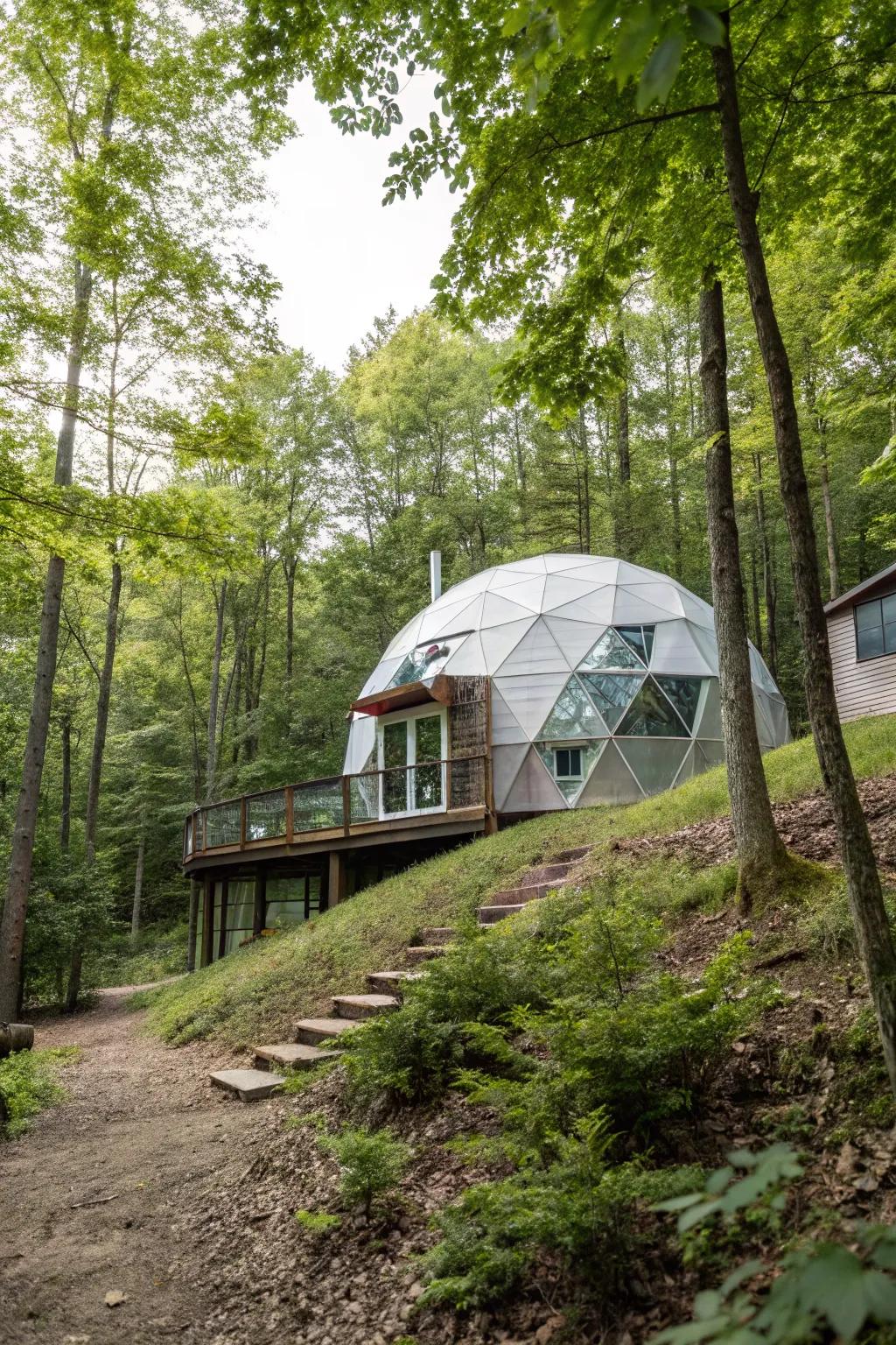 A geodesic dome house offering a unique silhouette in the woods.