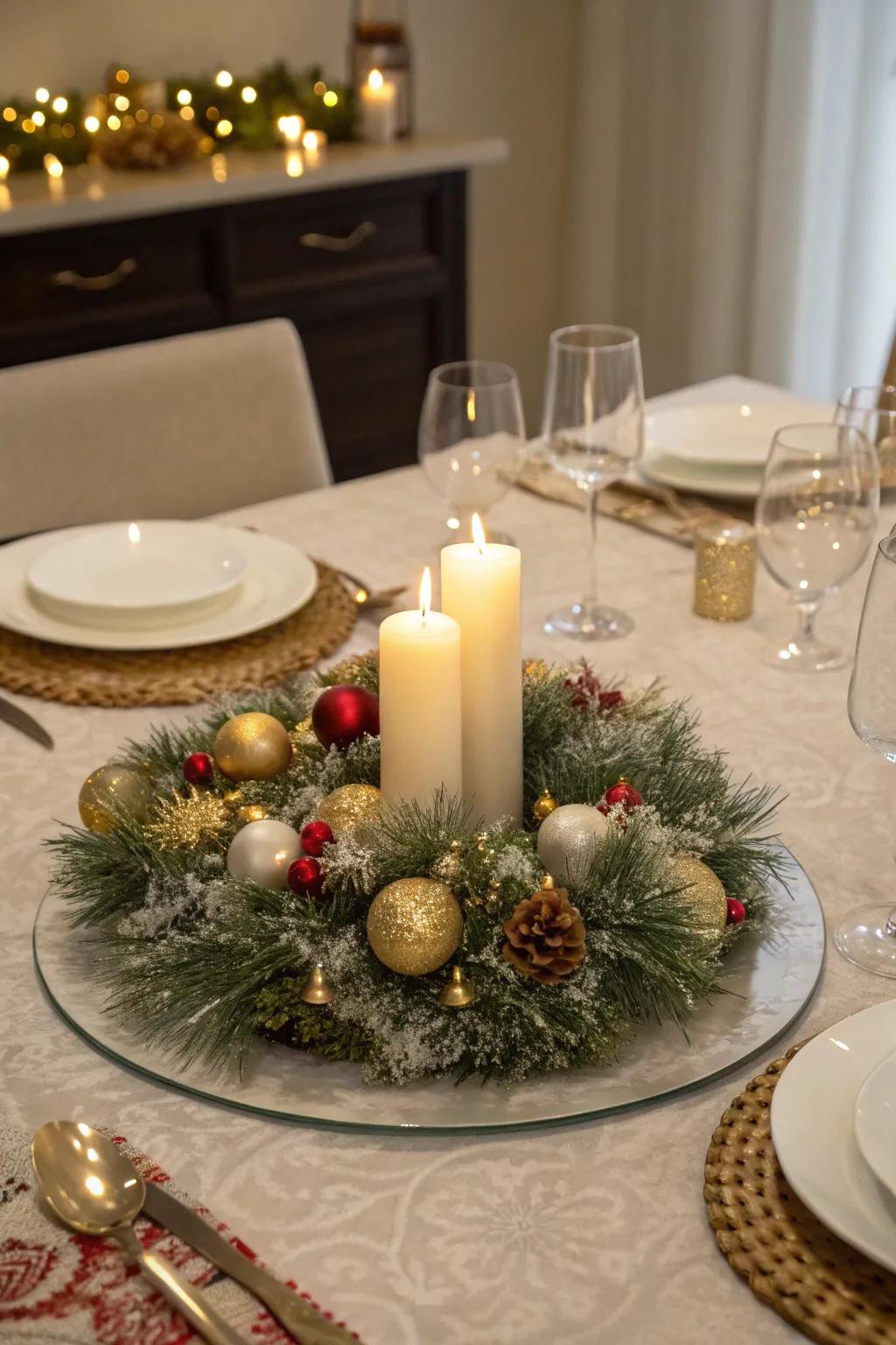A merry feasting table centerpiece including glittery chain decorations.