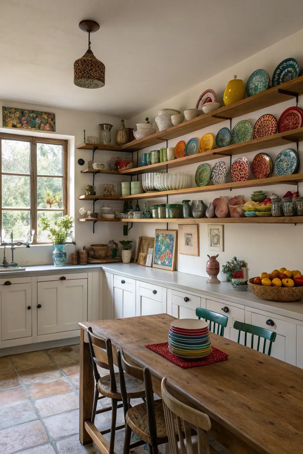 Exposed shelving extends both style and utility.