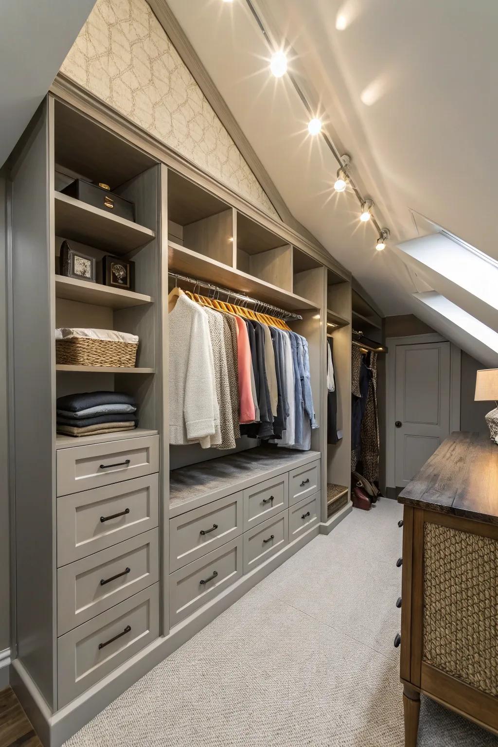 A custom-designed closet perfectly fitting a sloped ceiling.