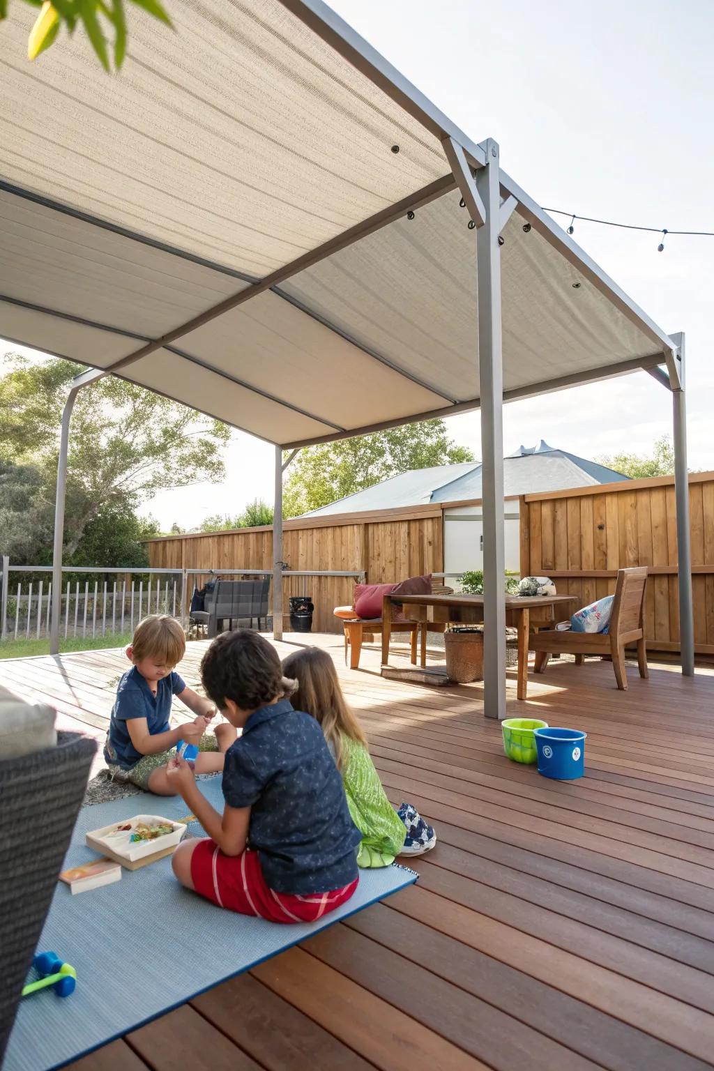 A deck with a large canopy providing shade where children are playing underneath.